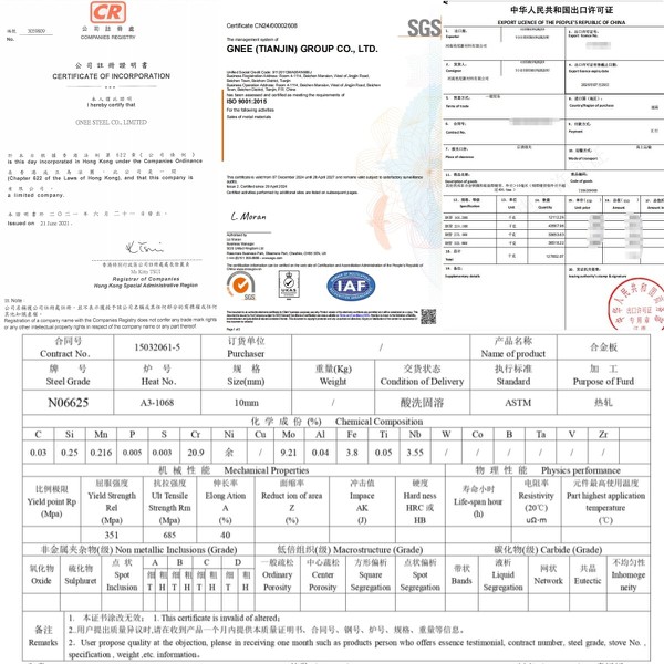 Gnee Alloy Inconel 625 Certificate Gnee Alloy Inconel 625 Certificate